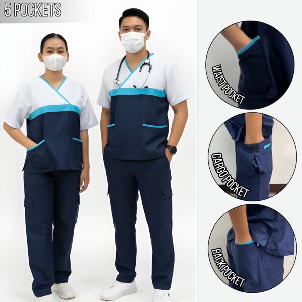 Occupational Attire Scrubsuit Set V-Neck Tricolor Overlap (6 Pockets, Plain Pants) Thumbnail
